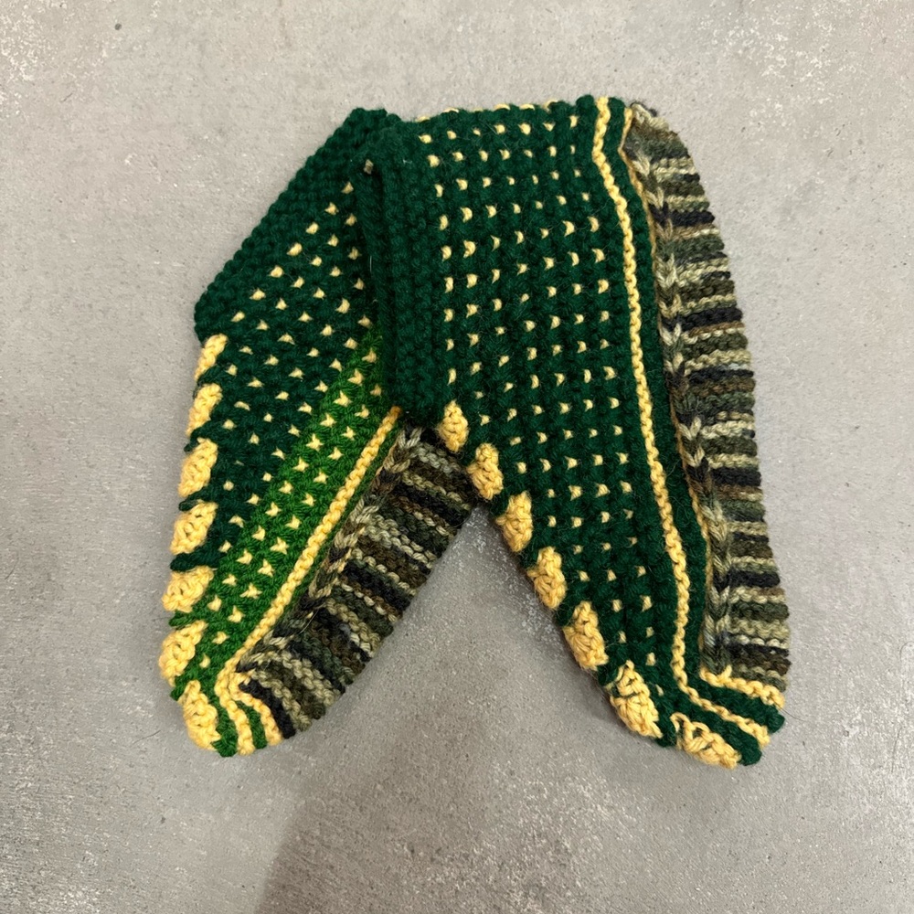 Handmade Green and Yellow Knitted sock/slipper (One-size)